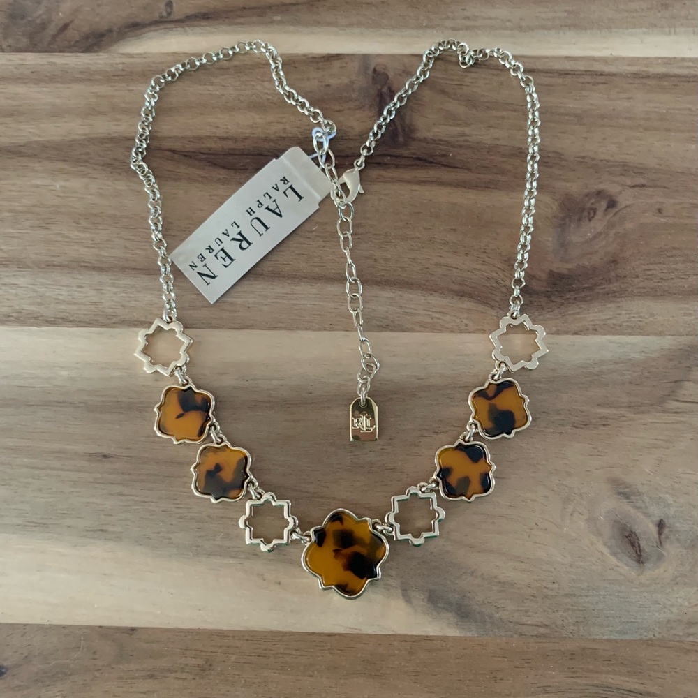 Lauren Ralph Lauren golden tone synthenic Tortoise inlay clover necklace NWT